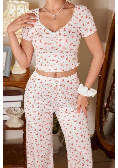 Bella Notte Ekru V Yaka Kısa Kollu Pijama Takımı