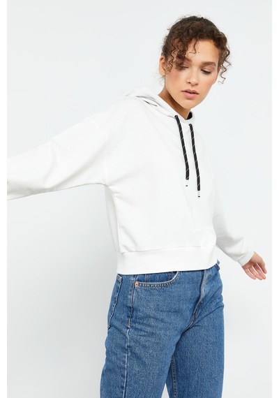 Tommy Life Ekru Uzun Kol Rahat Form Kapüşonlu Kadın Sweatshirt - 97115 Ekru