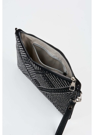 Vivaq Kadın Geometrik Gümüş Taşlı Süet Bilek Askılı Ve Zincir Askılı Portföy El Ve Clutch Çanta SİYAH