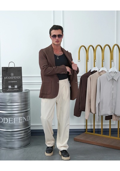 Modefendi %100 Pamuk Keten Modern Fit Keten Ceket Kahverengi