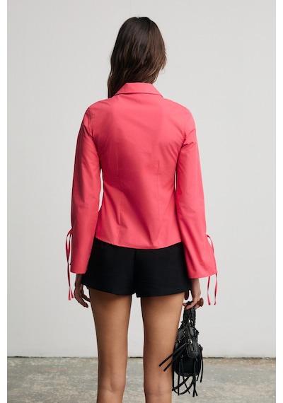 Grımelange Janeta Kadın Kolları Biye Bağlamalı Slim Fit Vucuda Oturan Beyaz Nar Çiçeği Gömlek