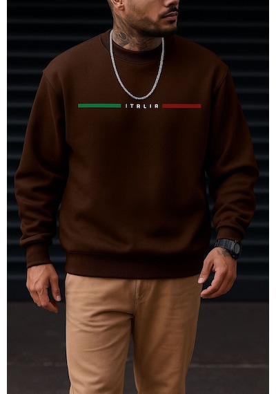Benroma 3 İplik Penye Italıa Baskılı Unisex Sweatshırt Kahverengi