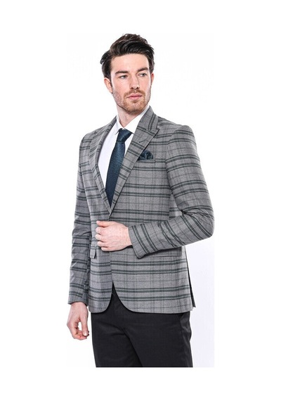 Wessi Ekose Slim Fit Tek Düğme Yeşil Erkek Ceket Siyah