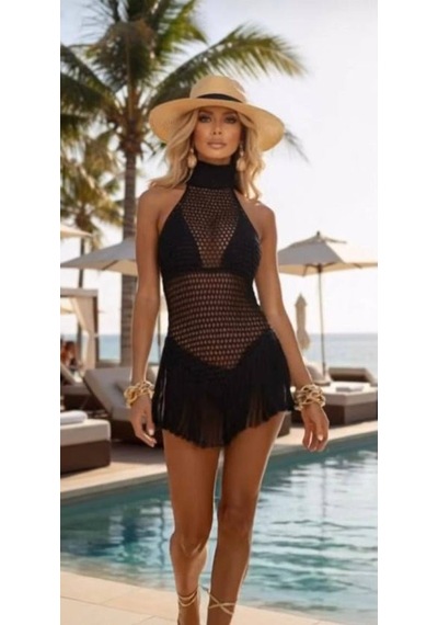 Veraura Lifestyle Kadın Balıkçı Yaka Saçak Detay Pareo Siyah