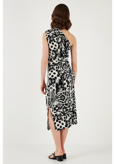 Lela Desenli Slim Fit Midi Boy Tek Omuzlu Bayan Elbise 5866202 Siyah-Beyaz