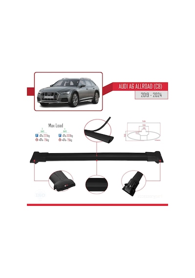 Audi A6 C8 Allroad 2019 Ve Sonrası İle Uyumlu Fly Model Ara Atkı Tavan Barı Siyah 3 Adet Bar