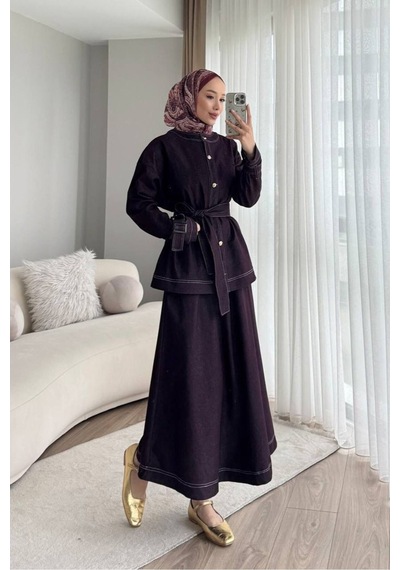 Meecy Tesettür Denim İkili Takım Mürdüm Mürdüm