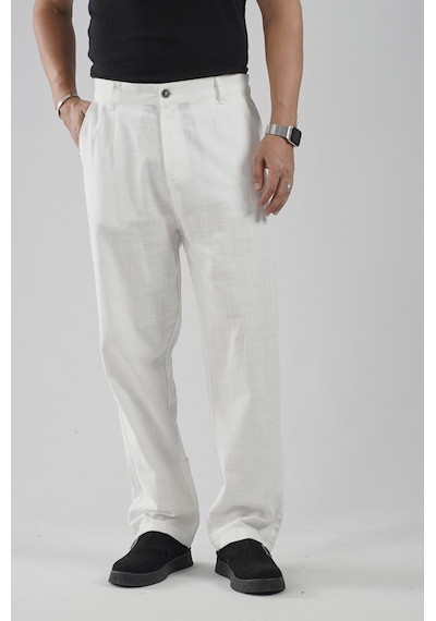 Baggy Fit Kalıp Pamuklu Keten Pantolon Beyaz