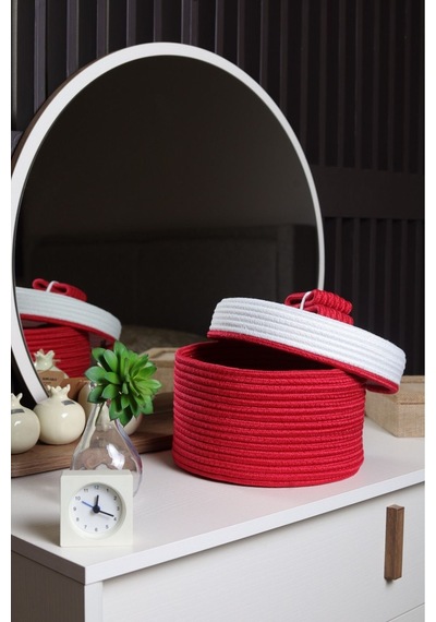 Hasır Jüt Sepet Oval Kapaklı Organizer Düzenleyici 30x20x10 Cm Kırmızı Beyaz Kırmızı Beyaz