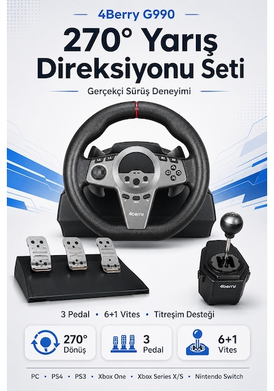 G990 270 Gaming Direksiyon Seti 6+1 Vitesli, 3 Pedallı, Titreşimli Yarış Simülasyonu