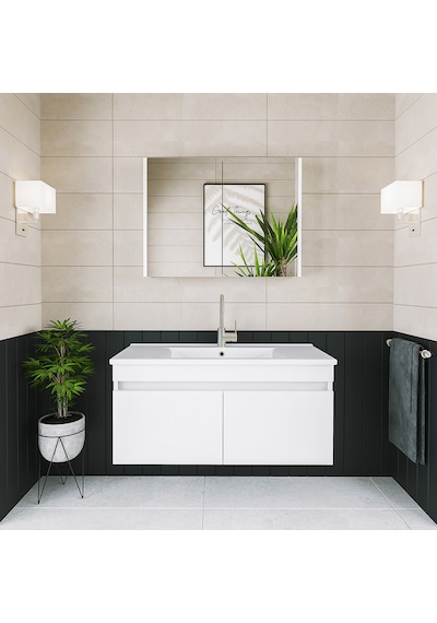 Banos Al3 Lavabolu Beyaz 100 Cm Aynalı Banyo Dolabı Takımı Beyaz