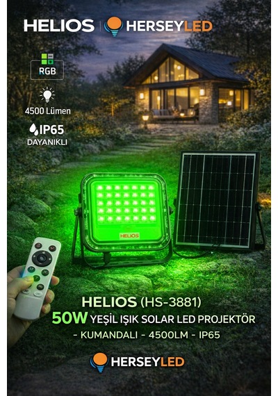 Helıos Hs-3881 50w Yeşil Işık Solar Led Projektör - Kumandalı - 4500lm - Ip65