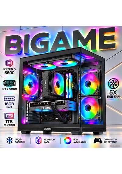 Bigame ZEUS-V7 R5-5600 16 GB 1 TB M2 SSD RTX5060 Free Dos Masaüstü Oyuncu Bilgisayarı
