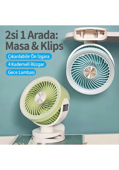 Tgx-3504 2'si 1 Arada Masaüstü Ve Klipsli Şarjlı Vantilatör - Gece Lambalı, 4 Kademeli Sessiz Fan Yeşil