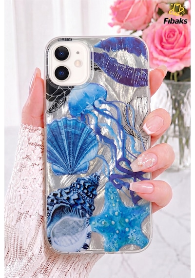 Fibaks iPhone 11 Uyumlu Kılıf Hologramlı Mavi Deniz Kabuğu Desenli Darbe Emici Kamera Korumalı Silikon