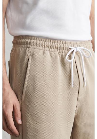 Elemge Erkek Bej Pike Dokulu Kumaş Rahat Kalıp Beli İpli Şort Günlük Basic Regular Fit Cepli Normal Bel Esnek Bermuda