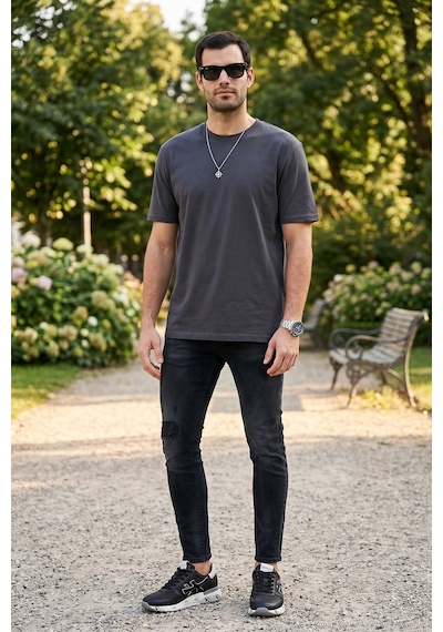 Buratti Pamuklu Relaxed Fit Sıfır Yaka Erkek T Shirt 5905446 Koyu Antrasit