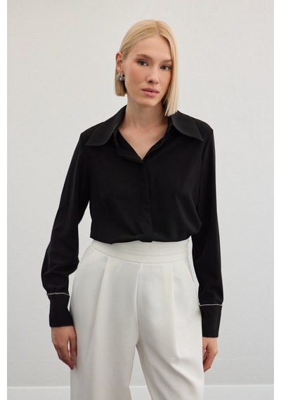 Sateen Aksesuarlı Klasik Gömlek - Siyah-136482 Siyah