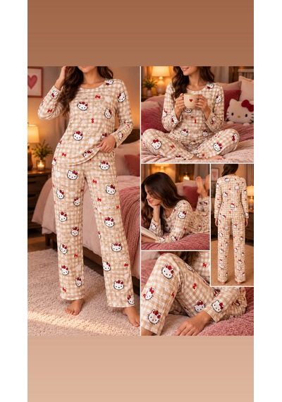 Lila İç Giyim Kadın Kareli Desenli Baskılı Uzun Kollu Pijama Takımı Rahat Ev Giyim Seti Krem Lila İç Giyim Kadın Kareli Desenli Baskılı Uzun Kollu Pijama Takımı Rahat Ev Giyim Seti Krem