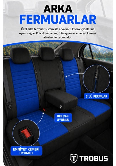Renault Megane E-tech 2022+ Uyumlu Apex Serisi Tay Tüyü Bel Destekli Mavi Siyah Koltuk Kılıfı
