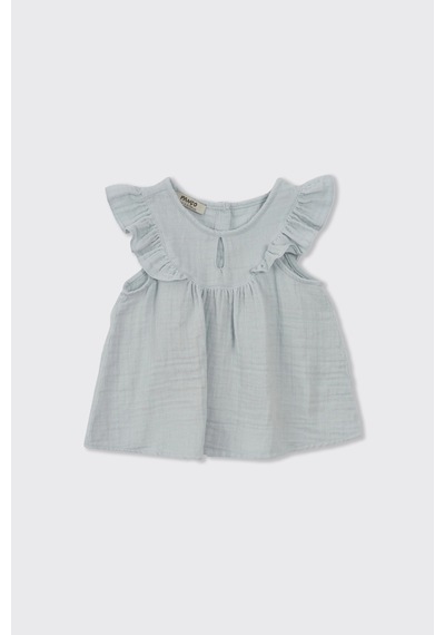 Kız Bebek Kolları Fırfırlı Yumuşak Dokulu Müslin Mavi Bluz 636109