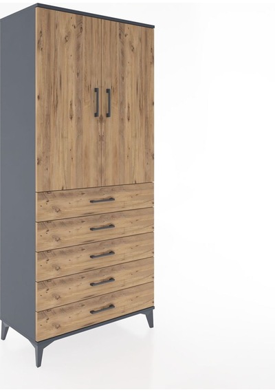 Hyperion Dolap Tek Raflı 5 Çekmeceli Tek Askılı 88x44x195 Antrasit-çam Antrasit