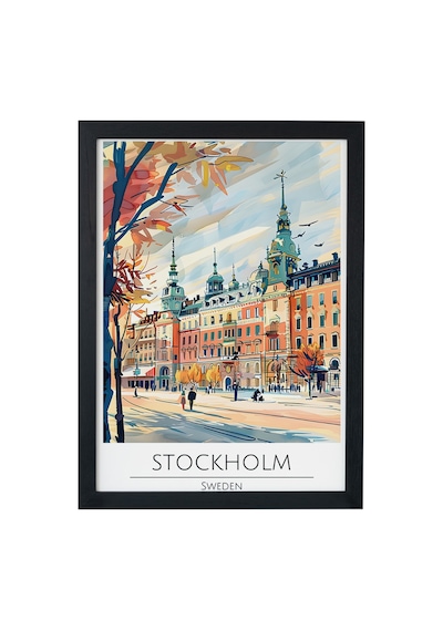 Stockholm Sweden Travel Poster Ahşap Çerçeveli Dekoratif Duvar Tablosu Siyah