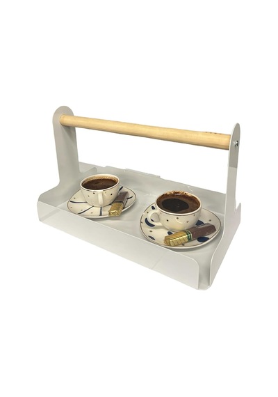 Ahşap Saplı Beyaz 30x17cm Metal Servis, Sunum, Dekoratif Tepsi Çok Renkli
