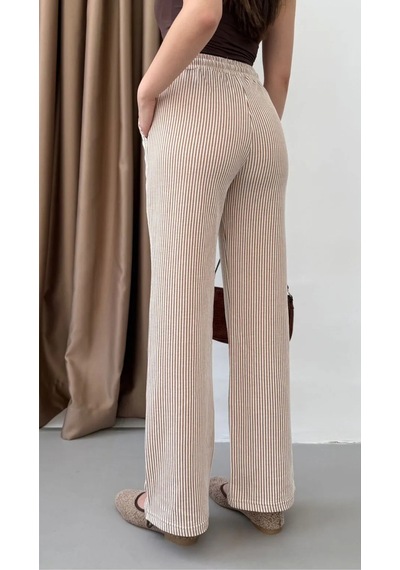 Thiffgymwear Yandan Cepli Beli Bağcıklı Su Yolu Kadın Çizgili Pantolon Kahverengi