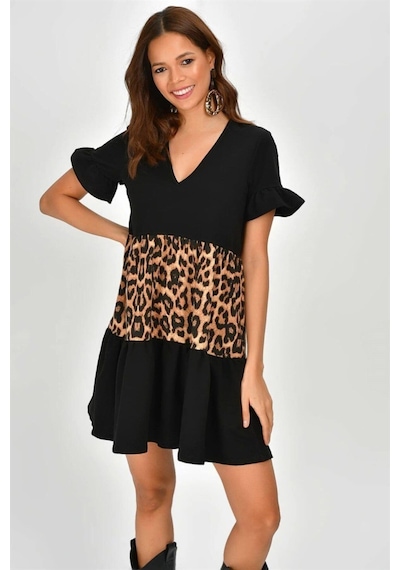 Aqe Fashion Kadın V Yaka Leopar Desenli Bloklu Elbise Leopar & Siyah Leopar