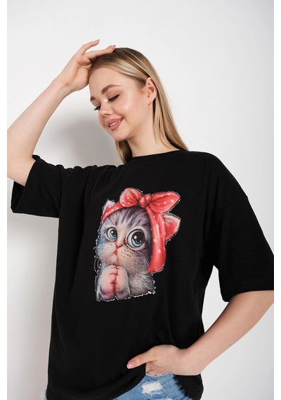 Startmore Kadın Siyah Kedi Baskılı Oversize Tişört Siyah
