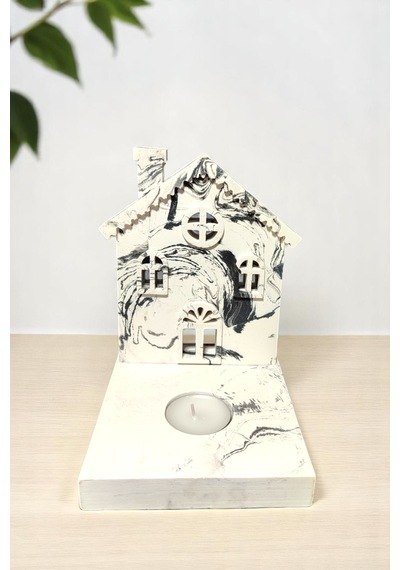 Meremer Desenli Dekoratif Tealight Mumluk - Ev Şeklinde Mumluk Tealight Mum Dahildir Beyaz -  Siyah