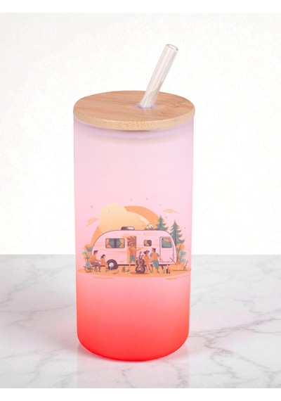 Karavan Ve Kamp Teması Baskılı 600 Ml Cam Matara- Su Matarası, Suluk Matara, Cam Pipetli Matara Kırmızı