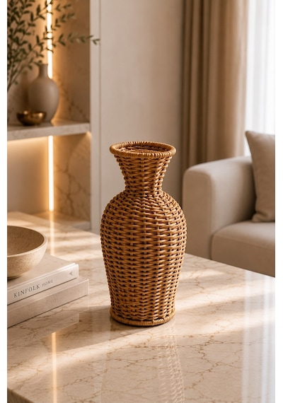 Qerhome Rattan Hasır Dekoratif Vazo - Dekoratif Obje Mln-11430 Ahsap
