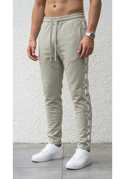 Plus Scorpion Erkek Slim Fit Eşofman Altı Yazılı Şerit Detaylı, Dar Paça Jogger Pantolon Gri