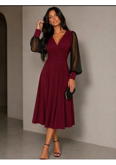 Bhrwear Kadın Uzun Kollu Kruvaze Yakalı Kollar Tül Detaylı Incili Midi Viskon Elbise Renkli