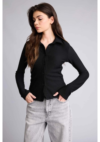 Defacto Coool Fitted Bürümcük Uzun Kollu Gömlek F9284ax25aubk81 Siyah