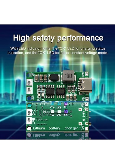 Mufunye 16.8v 4s 2a Li-po Şarj Modülü, Type-c Girişi, Aşırı Gerilim Koruması, Led Gösterge, Yeşil Terminal Yok
