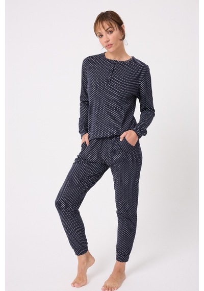 Lespadon Ocean Rıpple Premium Örme Pamuk Uzun Kollu Henley & Uzun Pantolonlu Kadın Pijama Takımı-3233 Lacıvert