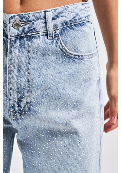 it's basic Kadın Snow Kot Rengi 4s5-3 Parlak Taşlı Dantelli Orta Bel %100 Koton Tasarım Denim Jean Kot Mavi