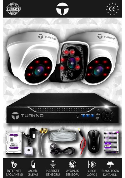Turkno 3 Kameralı Pania 2 İç Kamera Set 100 GB HDD Full HD Gece Görüşlü Güvenlik Kamerası Sistemi
