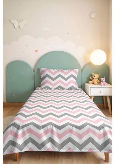 Evimde Bambaşka Geometrik Zigzag Pembe Kız Çocuk Pike Takımı-gri Beyaz Pastel Bebek Odası Yatak Örtüsü-160x220  CM
