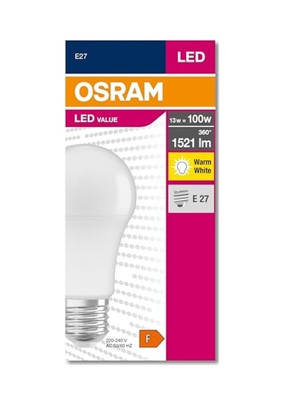 Osram 4052899971097 Led Cla 100, 13 W, 1521 Lümen, 2700 Kelvin, Sarı Işık E27 Duy Ampul, Boy: 12cm En: 6cm Enerji Sınıfı F