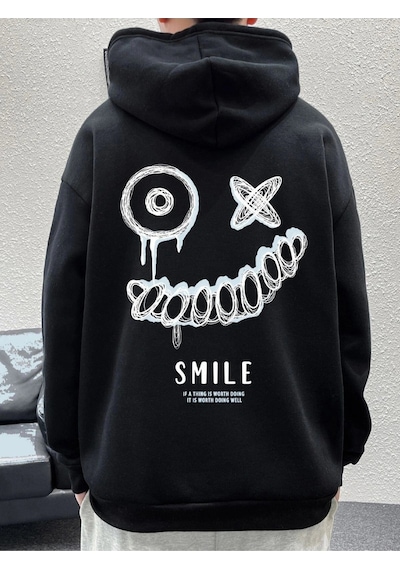 Erkek Siyah Smile Baskılı Oversize Swetshirt Benisengiydirsmilesweat Siyah