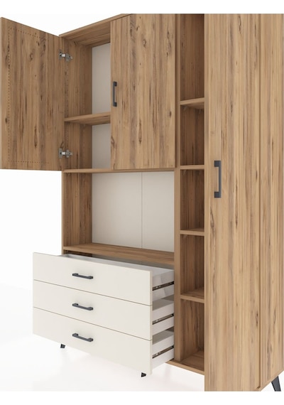 Arges Dolap 7 Raflı 3 Çekmeceli 3 Kapaklı 132x30x195 Çam-çam/... Çam