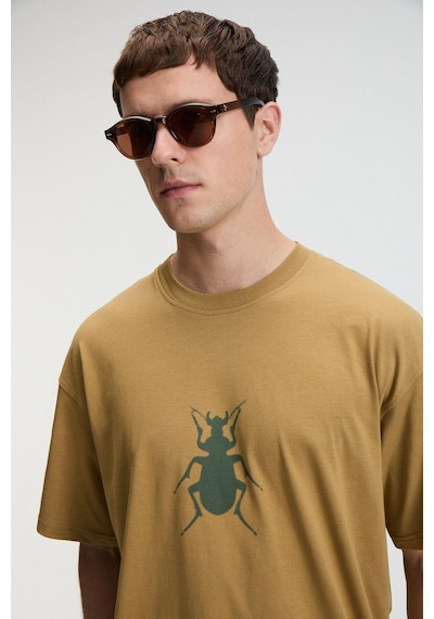 Grimelange BOLD Erkek %100 Pamuk Oversize Fit Baskılı Kısa Kollu Yuvarlak Yakalı Koyu Bej T-Shirt