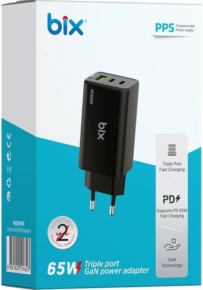 Bix Bx3p66g 65w Gan 2 Type-c Pd 3.0 Ve Usb-a Qc Üç Portlu Hızlı Şarj Adaptörü Laptop Telefon Uyumlu Siyah