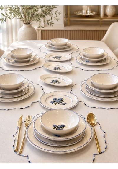 26 Parça 6 Kişilik Vintage Hydrangea Yemek Takımı-7210 Beyaz