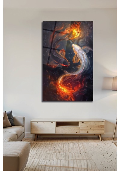 Yin Yang Koi Balığı Ateş Ve Su Mistik Dekoratif Cam Tablo Feng Shui Enerji Duvar Sanatı Modern Dekorasyon Temalı Dekoratif Duvar Tablosu, Salon, Ev Ve Ofis Dekoru,