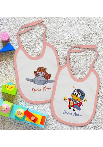 Bk Kids Kişiye Özel Sevimli Pilot Tasarımlı 2 Li Pembe Mama Önlüğ Pembe